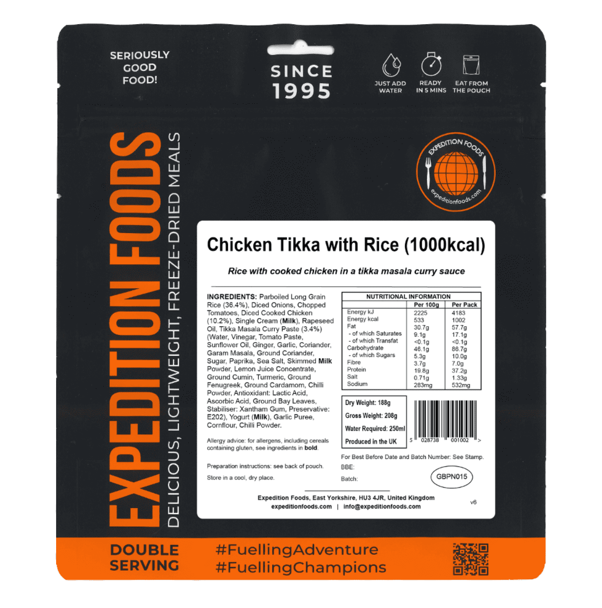Expedition Foods Freeze Dried Meal Pouch - Chicken Tikka With Rice - Various Sizes