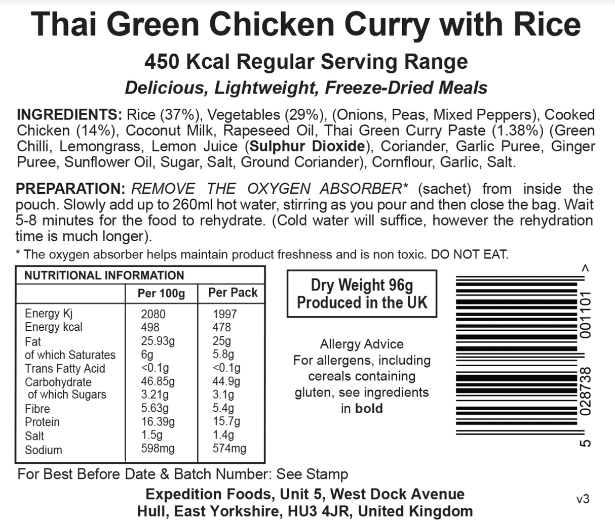Expedition Foods Freeze Dried Meal Pouch - Thai Green Chicken Curry With Rice - Various Sizes
