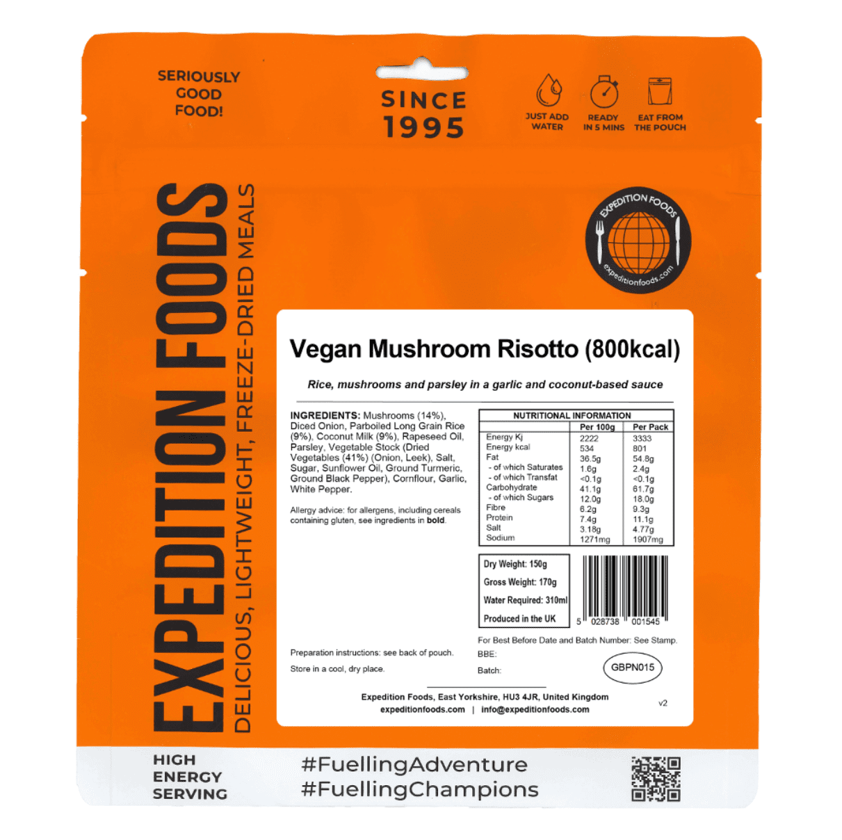 Expedition Foods Freeze Dried Meal Pouch - Vegan Mushroom Risotto - Various Sizes