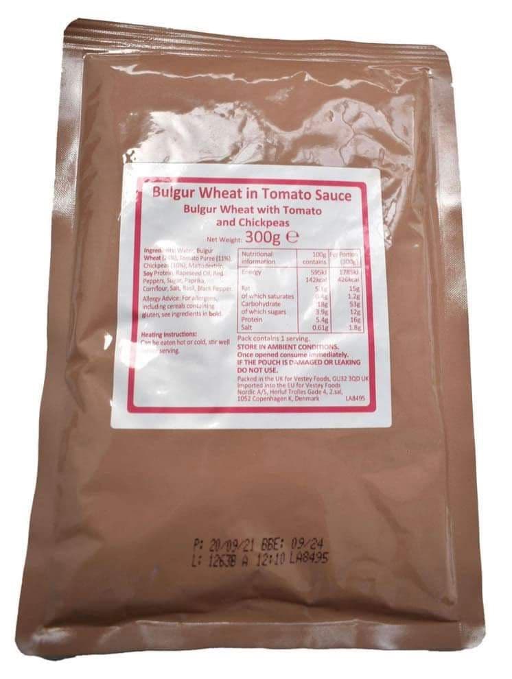 BULK BUY - British Military Ration Main Meal Pouch - Bulgar Wheat In Tomato & Chickpeas 300g x 20