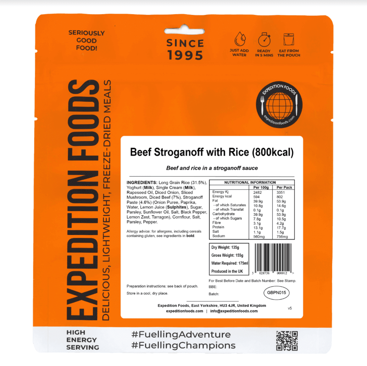 Expedition Foods Freeze Dried Meal Pouch - Beef Stroganoff With Rice - Various Sizes