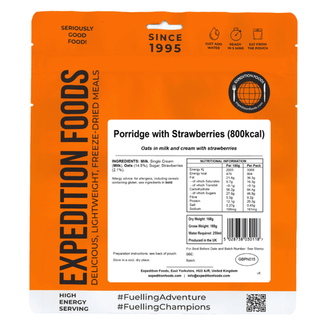 Expedition Foods Freeze Dried Meal Pouch - Breakfast Porridge With Strawberries - Various Sizes