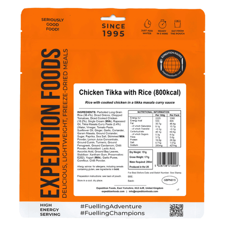 Expedition Foods Freeze Dried Meal Pouch - Chicken Tikka With Rice - Various Sizes
