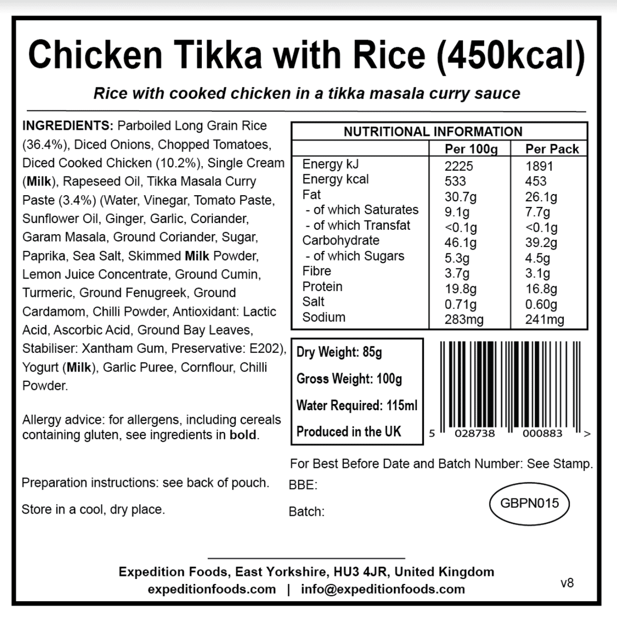 Expedition Foods Freeze Dried Meal Pouch - Chicken Tikka With Rice - Various Sizes