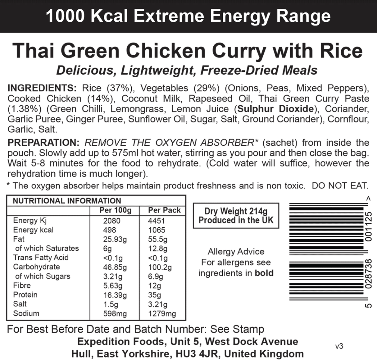 Expedition Foods Freeze Dried Meal Pouch - Thai Green Chicken Curry With Rice - Various Sizes