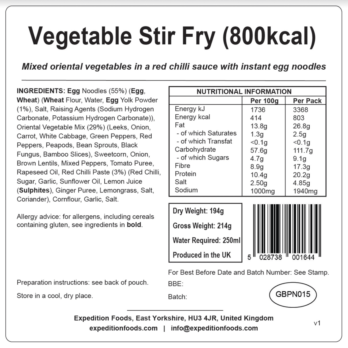 Expedition Foods Freeze Dried Meal Pouch - Vegetable Stir Fry - Various Sizes